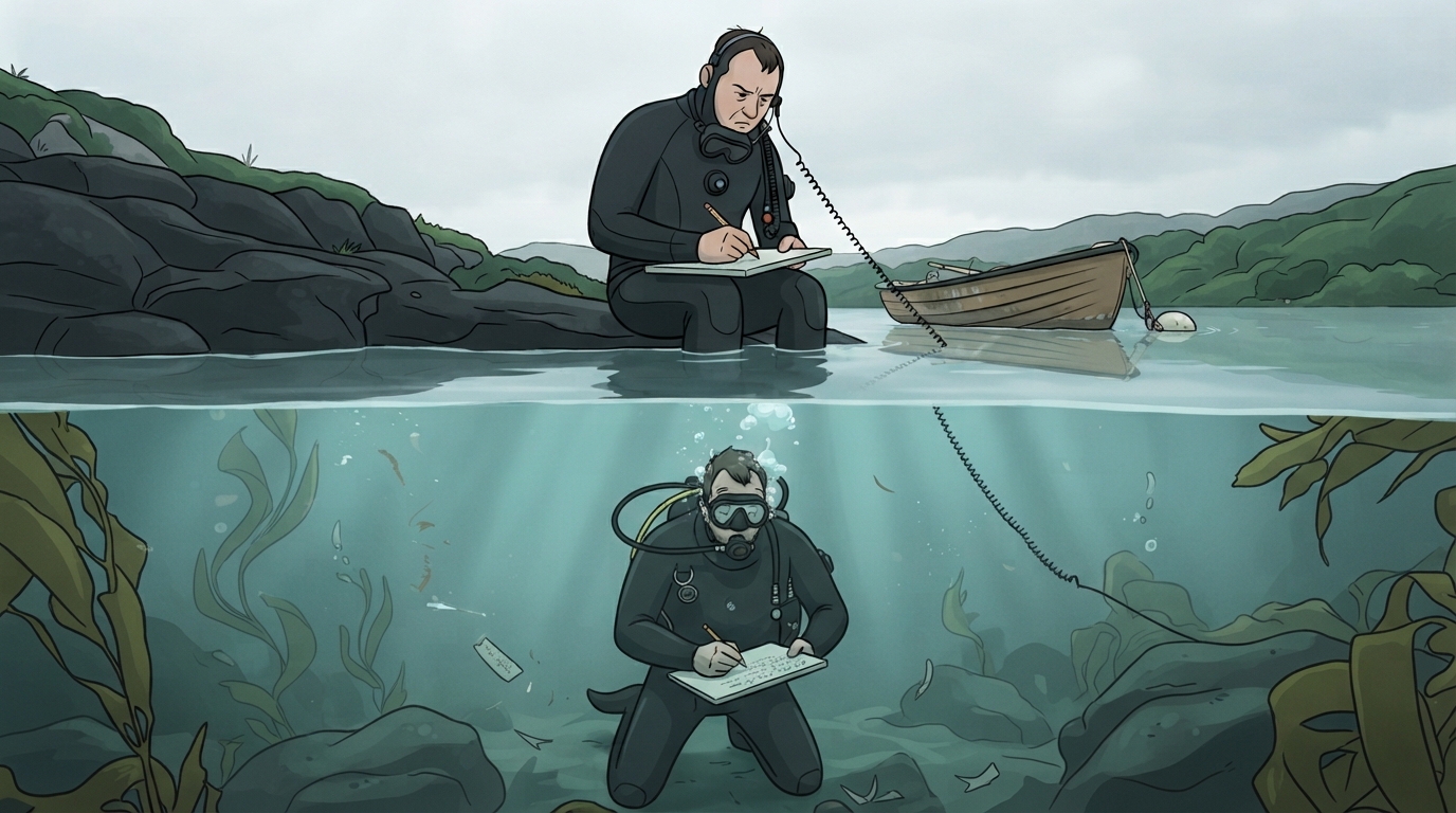 Desenho em estilo cartoon dividido pela linha d’água. Acima, um mergulhador de roupa de neoprene sentado nas pedras à beira d’água, com fones e prancheta, escrevendo a lápis; ao fundo, um barco de madeira e colinas sob céu nublado. Abaixo, outro mergulhador com equipamento de mergulho autônomo ajoelhado no fundo, entre algas, escrevendo numa prancheta; um cabo espiralado o liga à superfície.