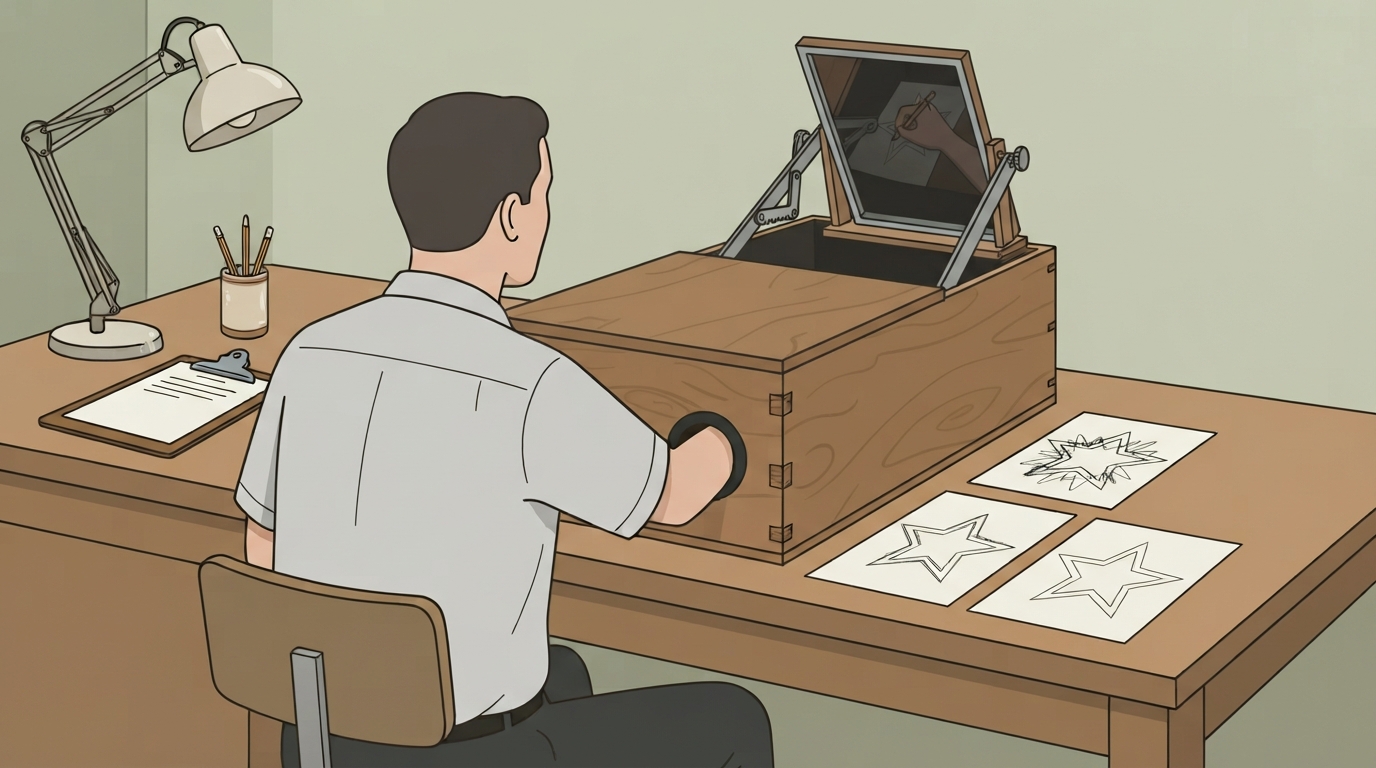 Desenho em estilo cartoon: um homem visto de costas, sentado a uma mesa, com o braço direito enfiado pelo furo de uma caixa de madeira; sobre a abertura traseira da caixa, um espelho inclinado reflete a folha com a estrela de contorno duplo e a mão segurando um lápis, dentro da caixa. Ao lado, sobre a mesa, três folhas com a estrela: o traçado é caótico na primeira e limpo nas seguintes. Uma luminária, uma prancheta e um pote de lápis completam a cena.