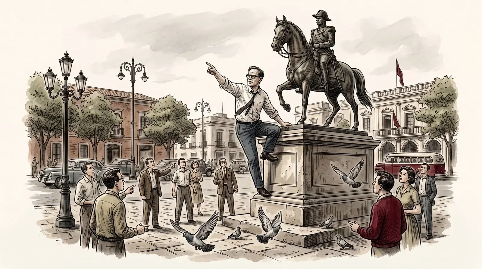 Praça com uma estátua equestre de bronze; o poeta sobe ao pedestal apontando para a frente, enquanto pombos voam e curiosos observam.