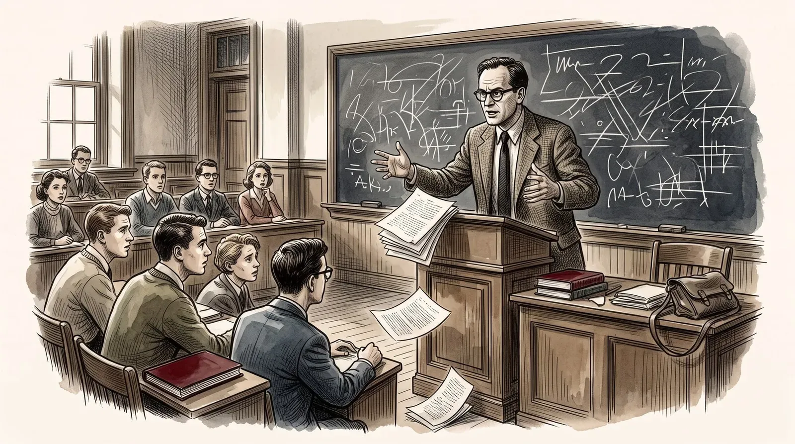 Sala de aula universitária; o professor gesticula à tribuna, folhas voam da mesa, alunos trocam olhares inquietos.