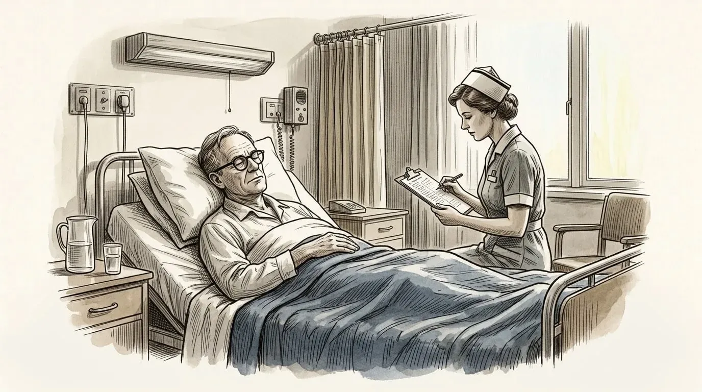 Quarto de hospital; o poeta sonolento na cama, de olhos semicerrados, enquanto uma enfermeira confere a prancheta.