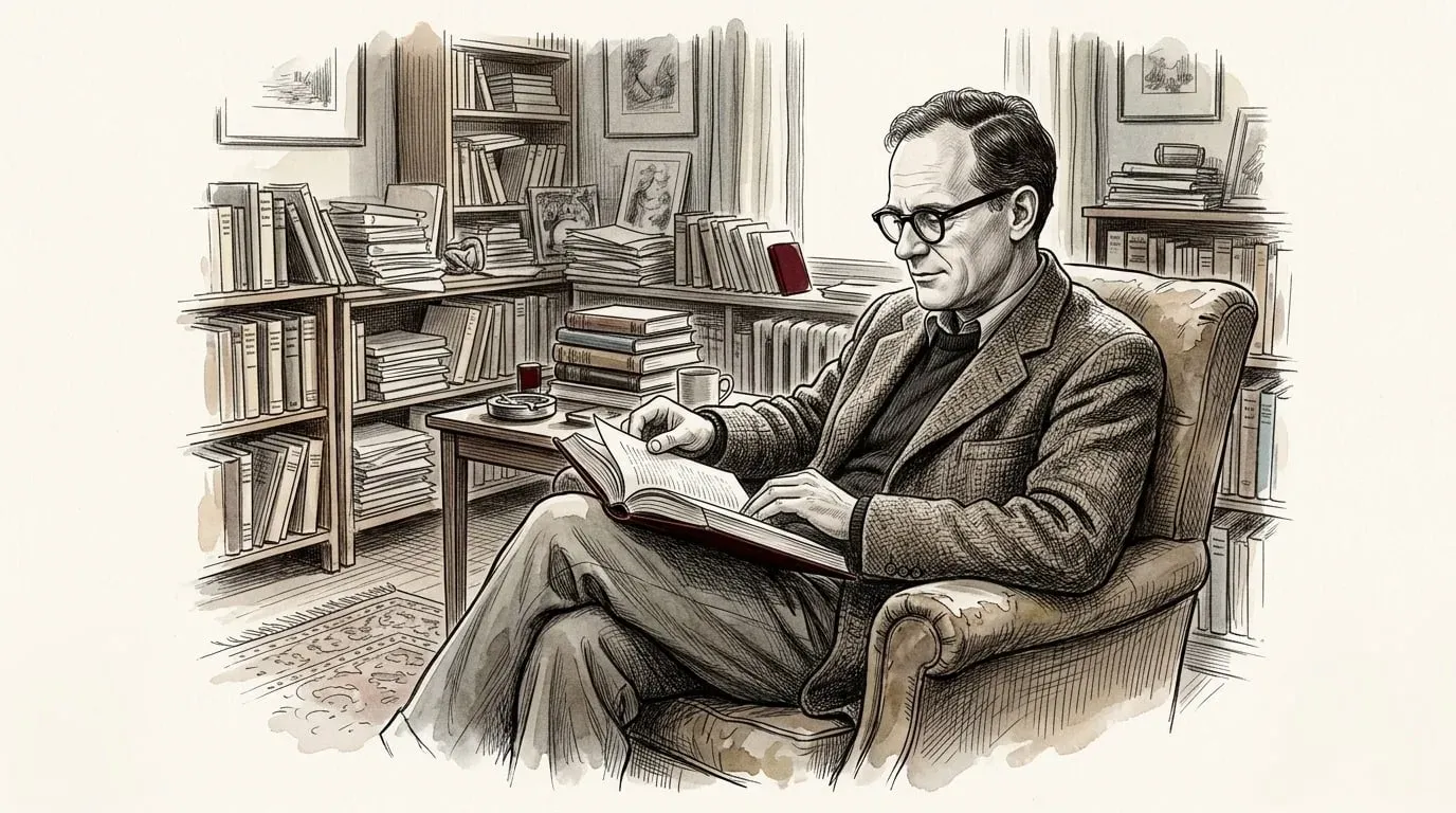 O poeta lendo numa poltrona, num escritório cheio de livros.